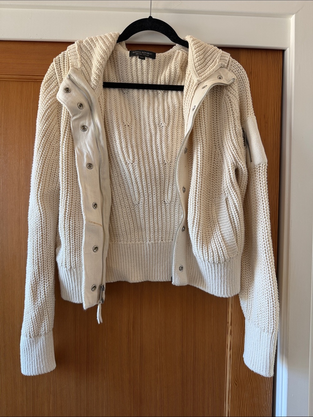 Banana Republic Cream Cable Knit Hooded Zip Cardigan, medium